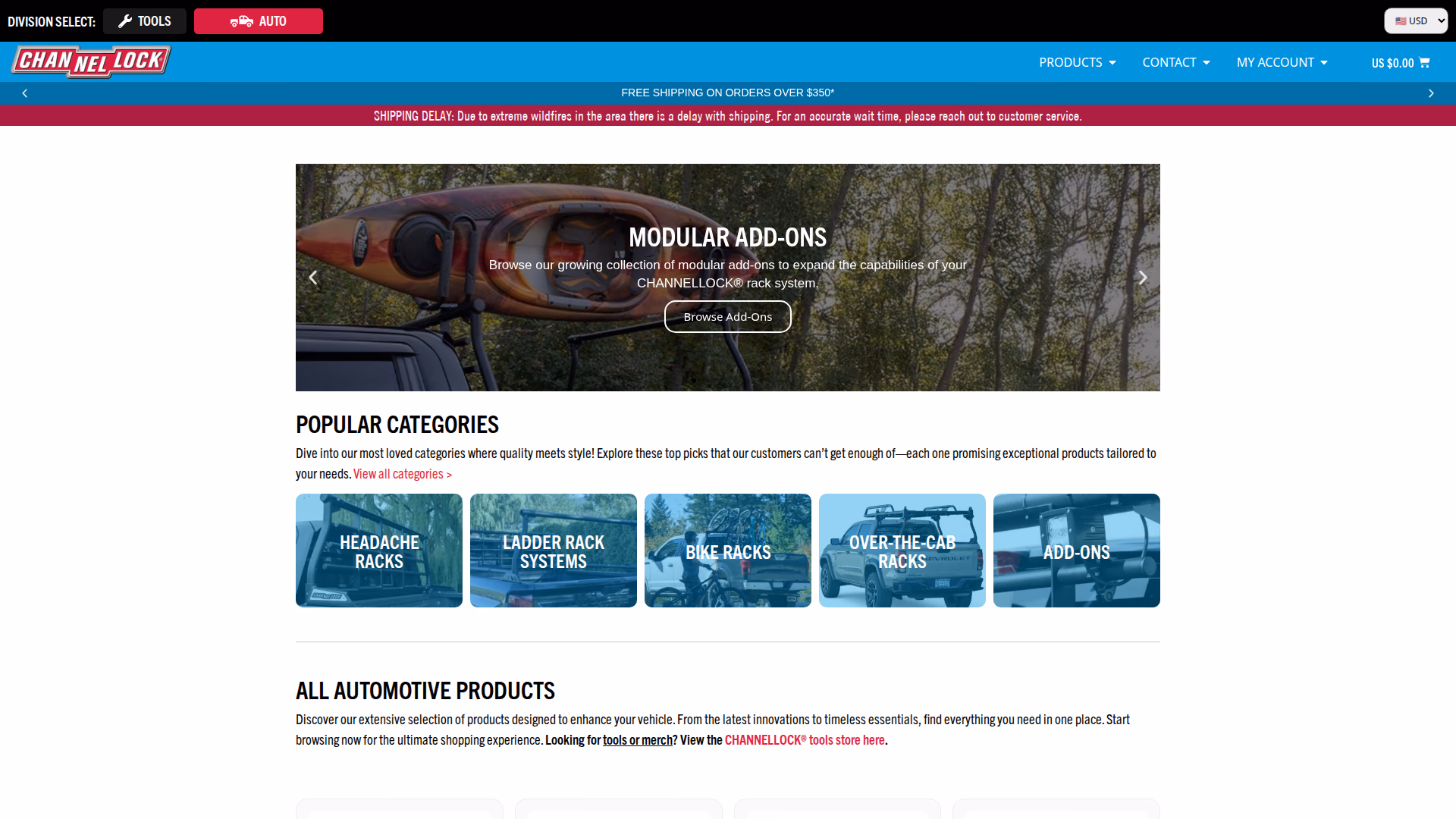 CHANNELLOCK® Automotive shop page (desktop)